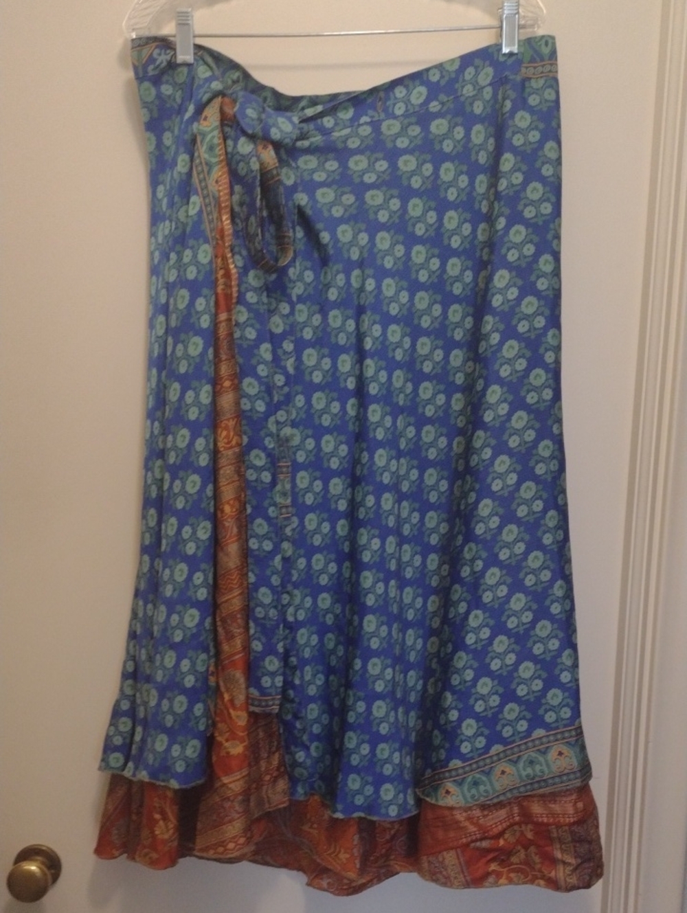 Darn Good Yarn Tieable Blue And Orange Sari Silk Wrap Skirt (J976)